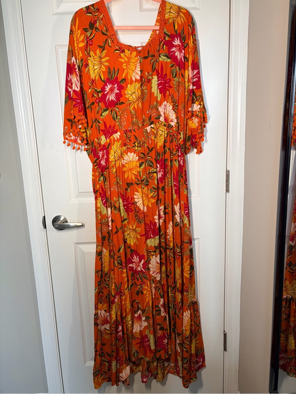 Boho Orange Floral Maxi Kaftan Dress with Pom Sleeve Detail
